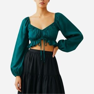Majorelle Teal Puff Sleeve Crop Top with Swiss Dots 100% Rayon